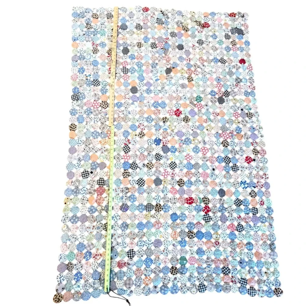 Vintage Handmade Yo-Yo Quilt 72 x 48 Feedsack Fabric Folk Art Textile 1930-1950s